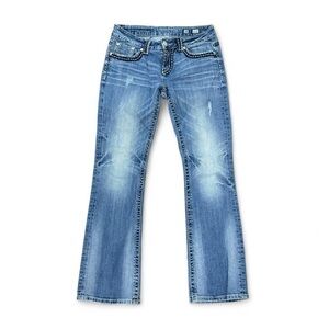 Miss Me Y2K Low Rise Blue Bootcut Jeans White Stitch Flap Pockets Size 28”